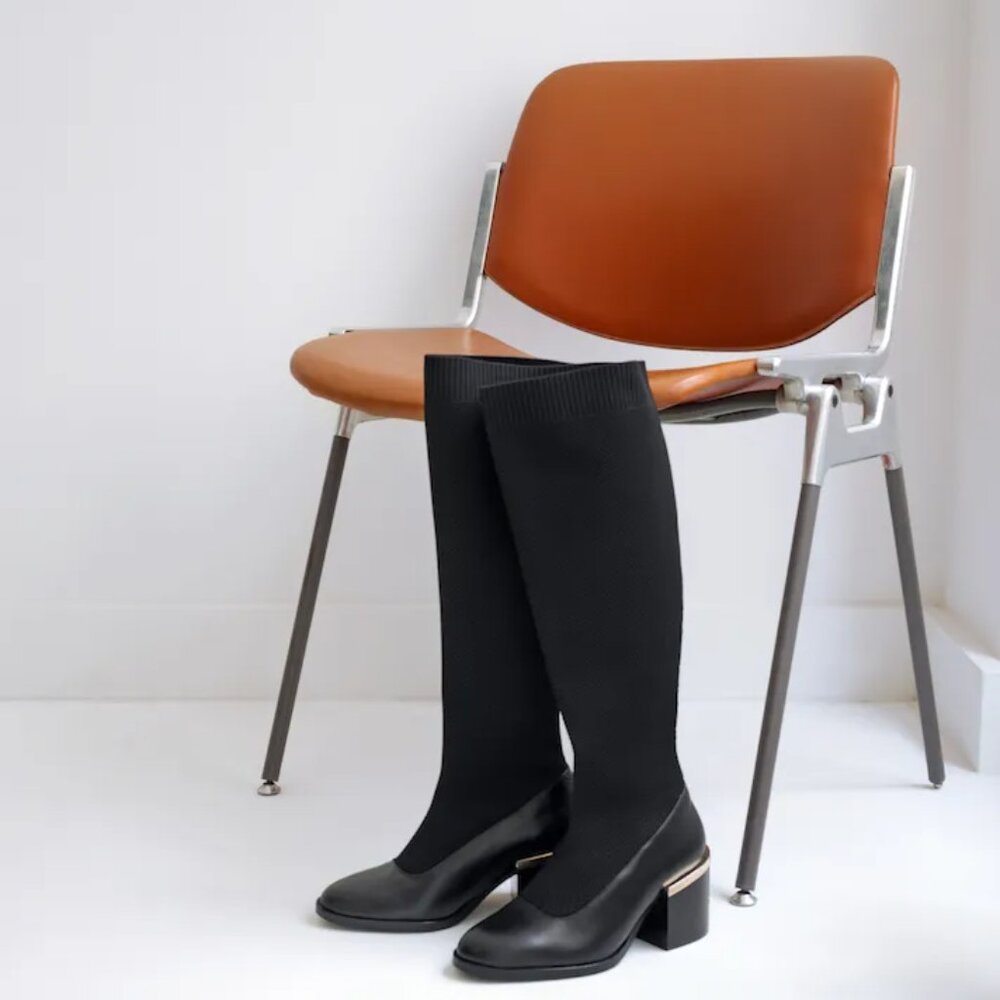 Universal Standard Lisbon Tall Sock Boots Leather and Knit Size 12 Pre-loved